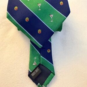 Alynn Brand Blue and Green 100% Silk‎ Tie with Martini Cocktails Design